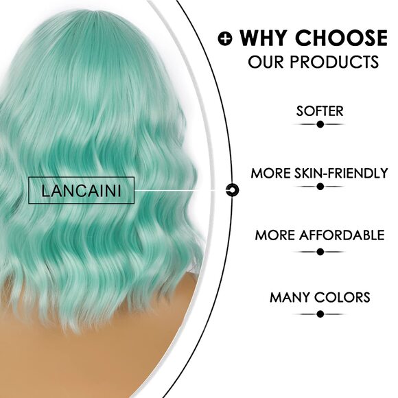 Women Mint Green Loose Wavy Wig Curly Wavy Shoulder Length Bob - Picture 3 of 3